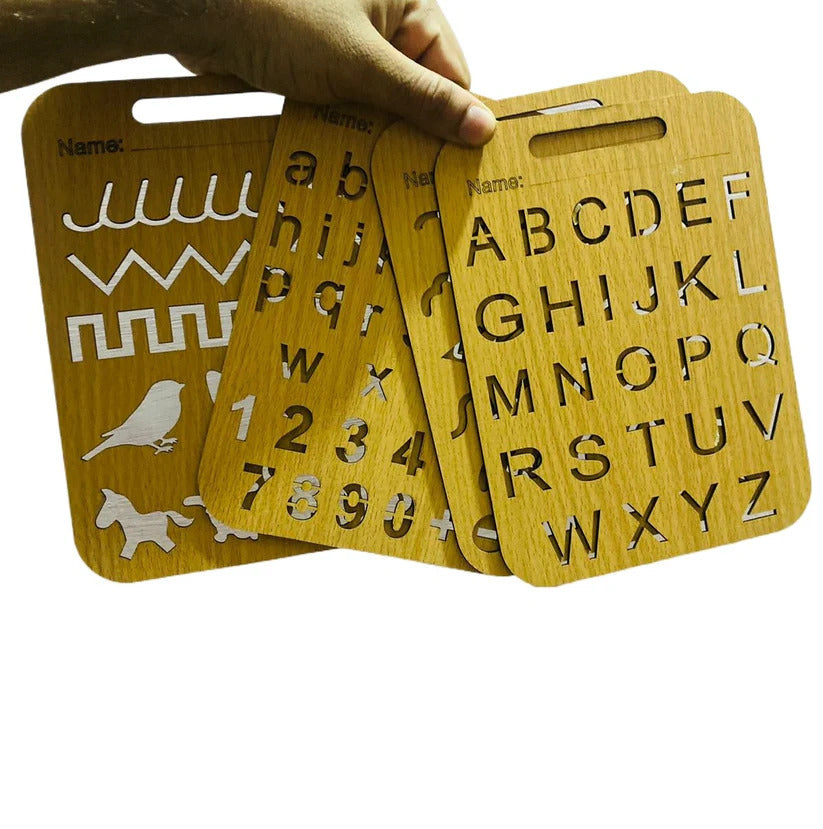 Montessori Wooden Stencil Boards Set Of 4. Tracing Kit For Alphabet Letters, Shapes, Numbers, Patterns, Lines, Zig-Zags, Waves, Spirals and Shapes, Large and Small Letters Best Activity Kit All in One Kit With Accessories Size 8x6 Inches
