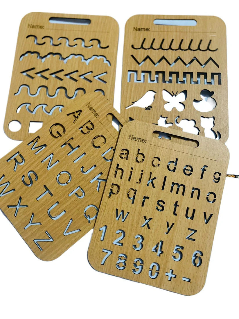 Montessori Wooden Stencil Boards Set Of 4. Tracing Kit For Alphabet Letters, Shapes, Numbers, Patterns, Lines, Zig-Zags, Waves, Spirals and Shapes, Large and Small Letters Best Activity Kit All in One Kit With Accessories Size 8x6 Inches