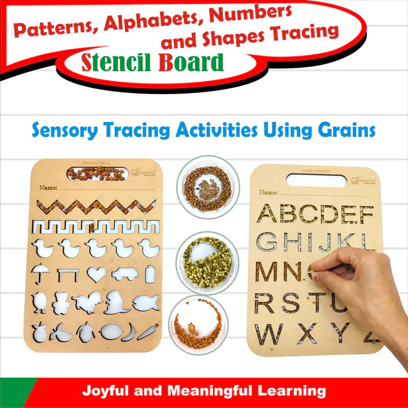 Montessori Wooden Stencil Boards Set Of 4. Tracing Kit For Alphabet Letters, Shapes, Numbers, Patterns, Lines, Zig-Zags, Waves, Spirals and Shapes, Large and Small Letters Best Activity Kit All in One Kit With Accessories Size 8x6 Inches